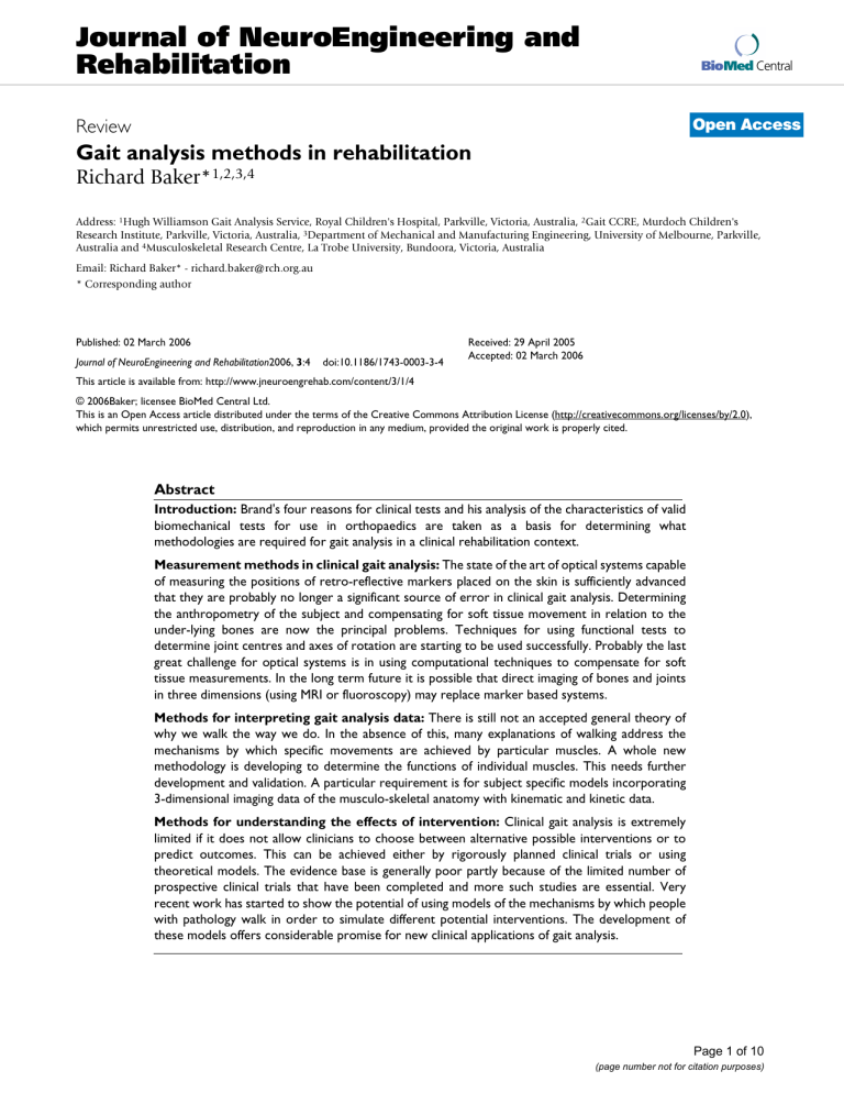 Gait Analysis Methods in Rehabilitation: A Review
