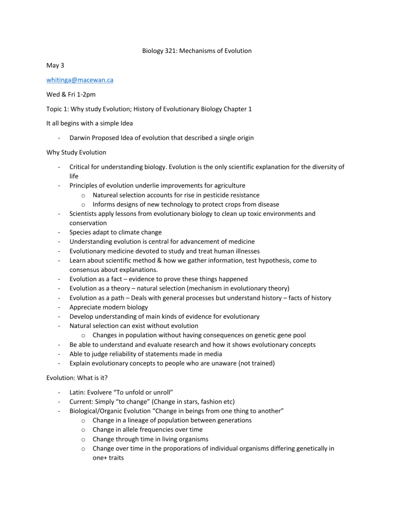Biology 321: Mechanisms of Evolution - Lecture Notes & History