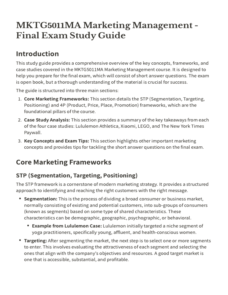 MKTG5011MA Marketing Management Final Exam Study Guide