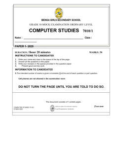 Grade 10 Computer Studies Mock Exam Paper 1 (2025) - IBENGA GIRLS