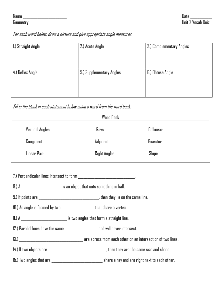 Geometry Unit 2 Vocab Quiz: Angles & Lines Definitions