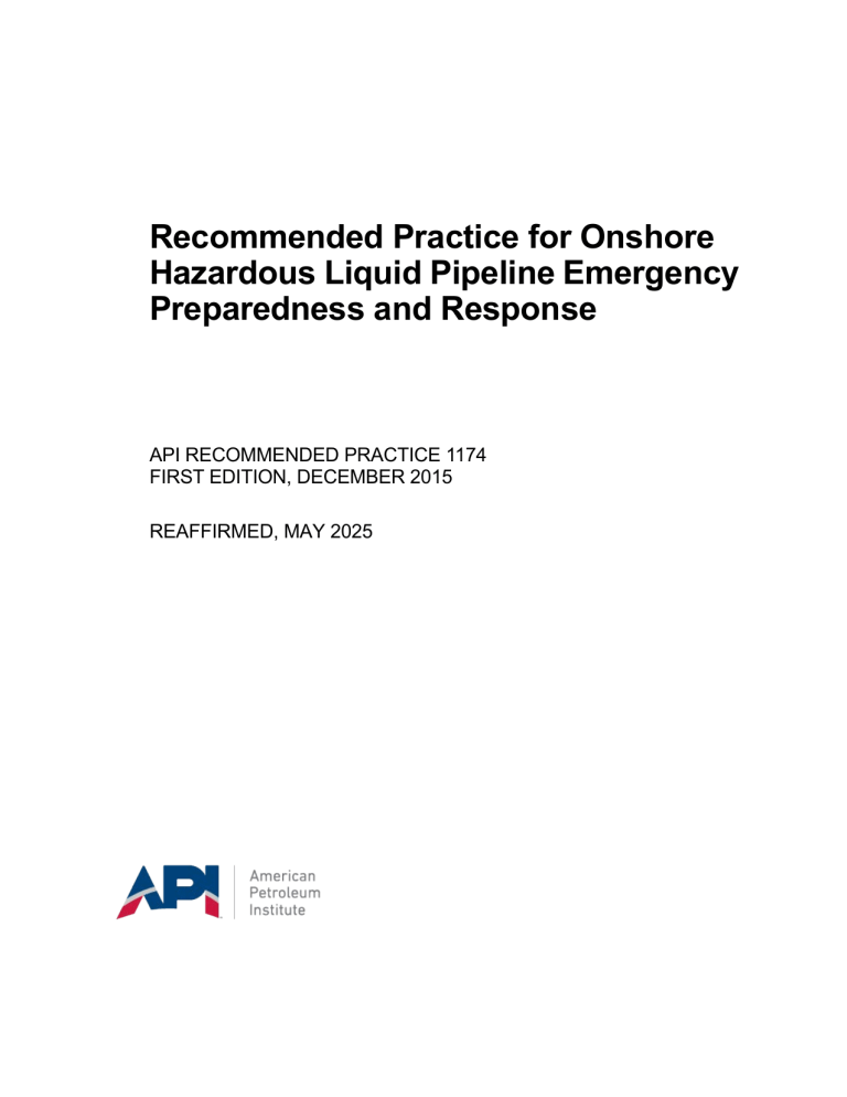 API 1174: Onshore Hazardous Liquid Pipeline Emergency Preparedness