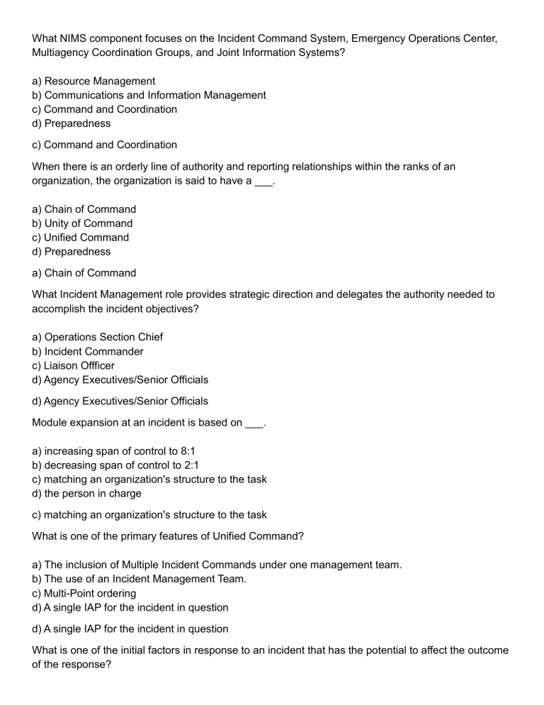 NIMS & ICS Incident Management Quiz: Command, Coordination, Resources