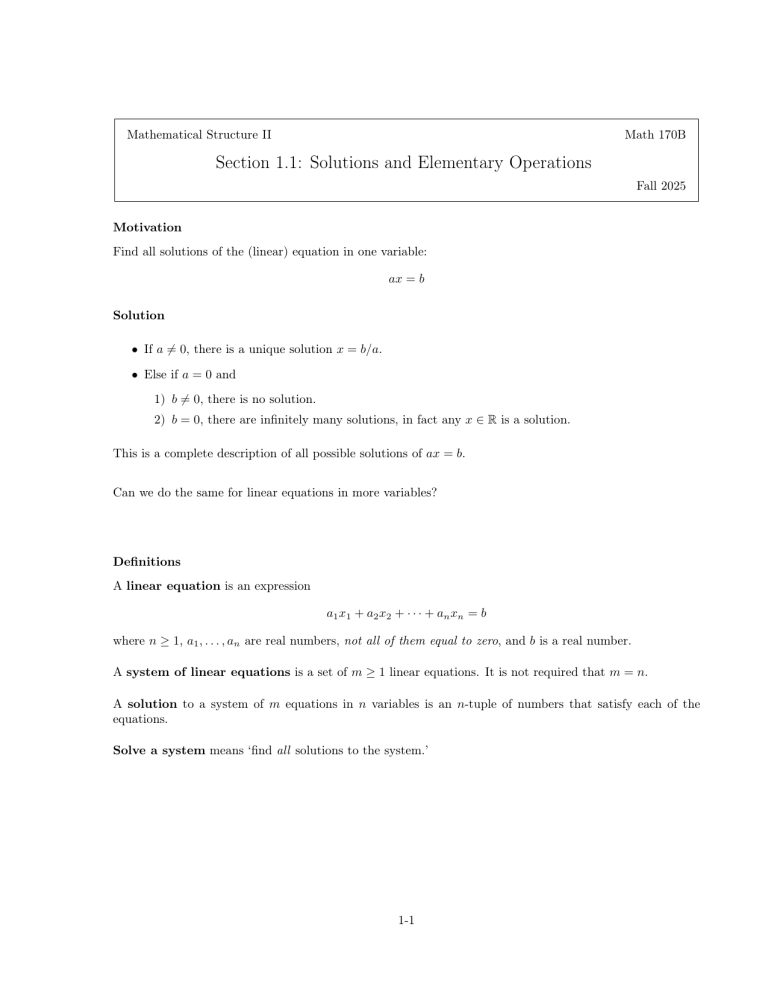 Linear Equations: Solutions & Elementary Operations - Math 170B
