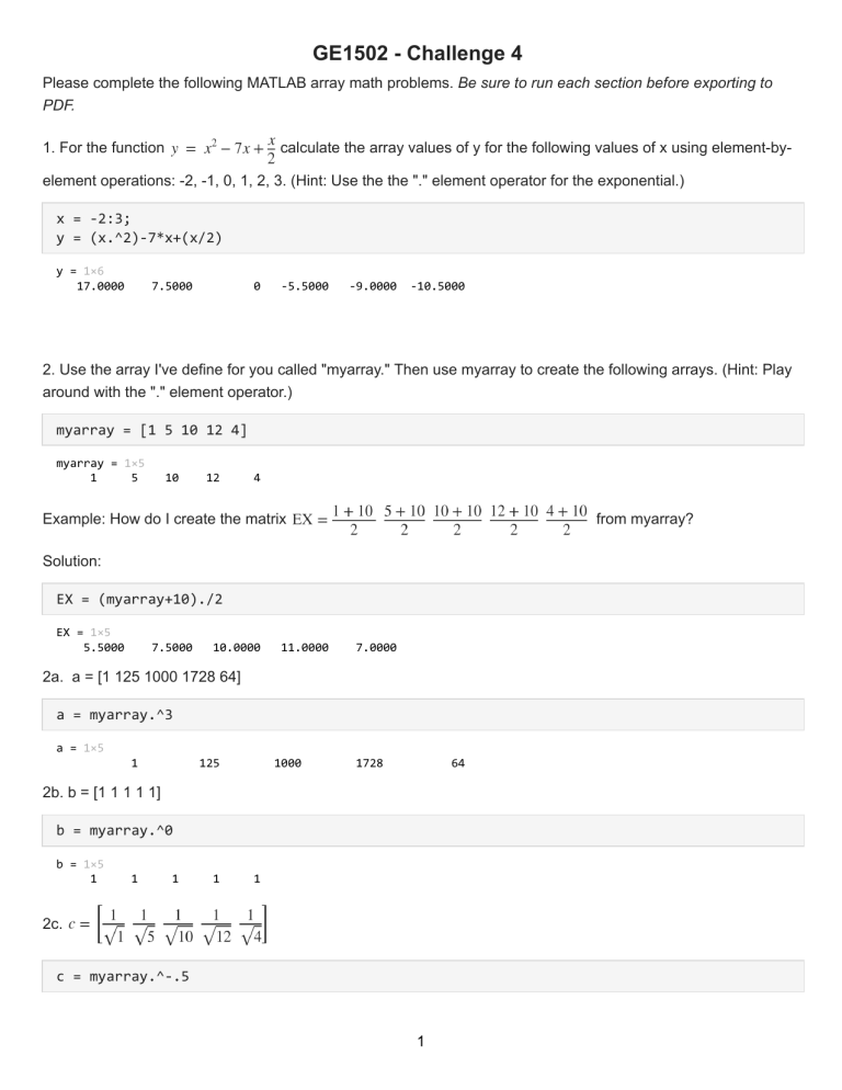 MATLAB Array Math Problems: GE1502 Challenge 4 Solutions