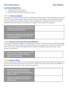 Financial Literacy: Budgeting Lesson Plan - Needs, Wants, Gross vs. Net Pay