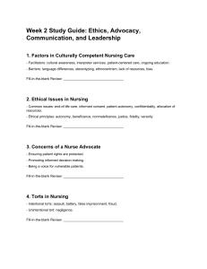 Nursing Study Guide: Ethics, Advocacy, Communication, Leadership