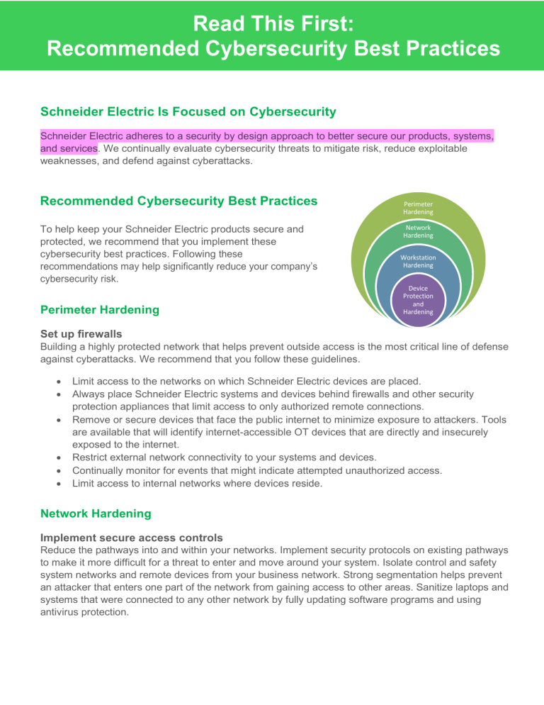 Schneider Electric Cybersecurity Best Practices: Recommended Guidelines