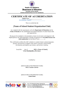 School Club Accreditation Certificate - Valenzuela