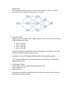 Shortest Path, Knapsack, Coin Change Problems: Dynamic Programming