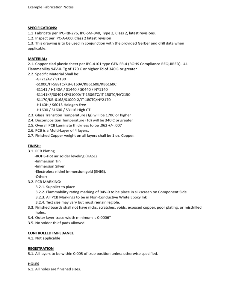 PCB Fabrication Notes: Specifications & Materials