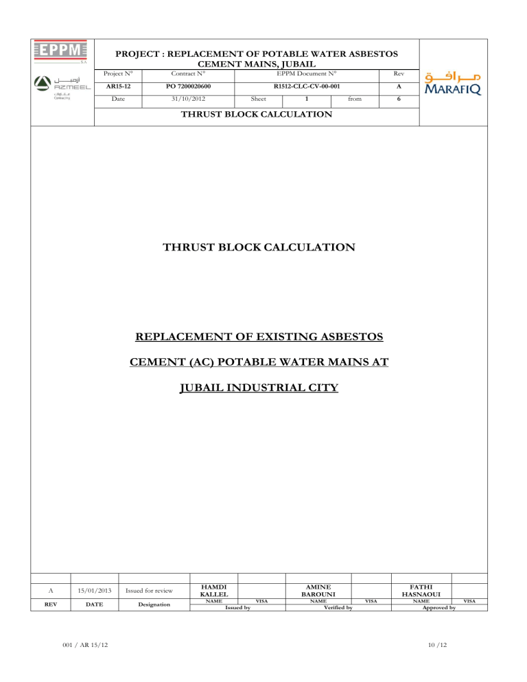 Thrust Block Calculation: Potable Water Mains Replacement