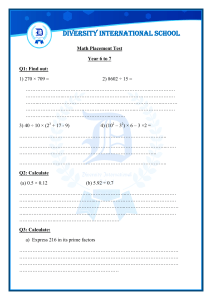 Diversity International School Math Placement Test Year 6 to 7