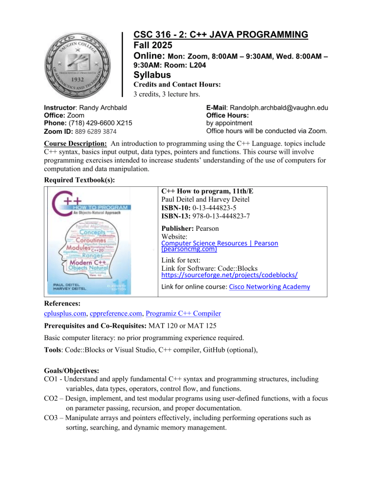 Csc 316 C Java Programming Syllabus Vaughn College Fall 2025