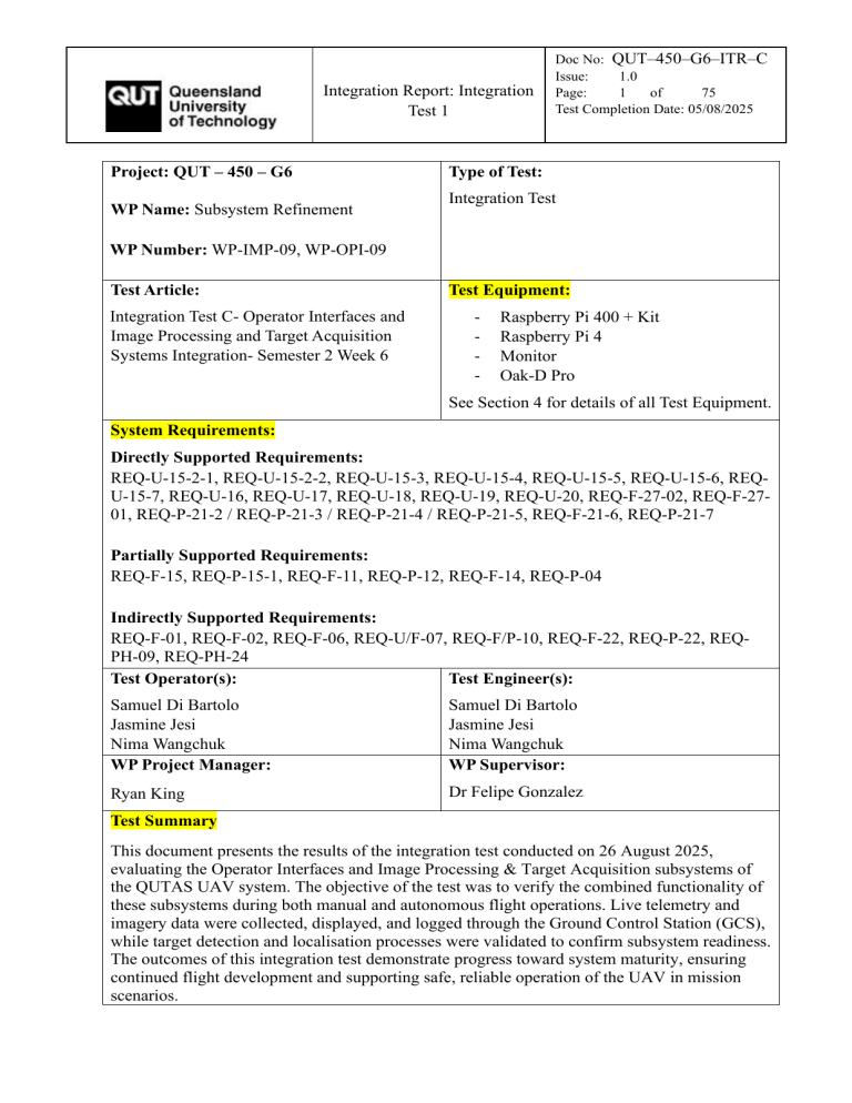 QUTAS UAV Integration Test Report: Image Processing & Target Acquisition