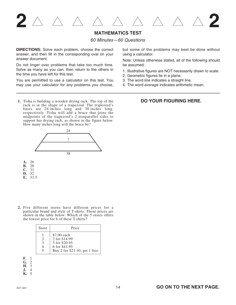 Mathematics Test: Geometry, Algebra, Arithmetic Problems - ACT Practice