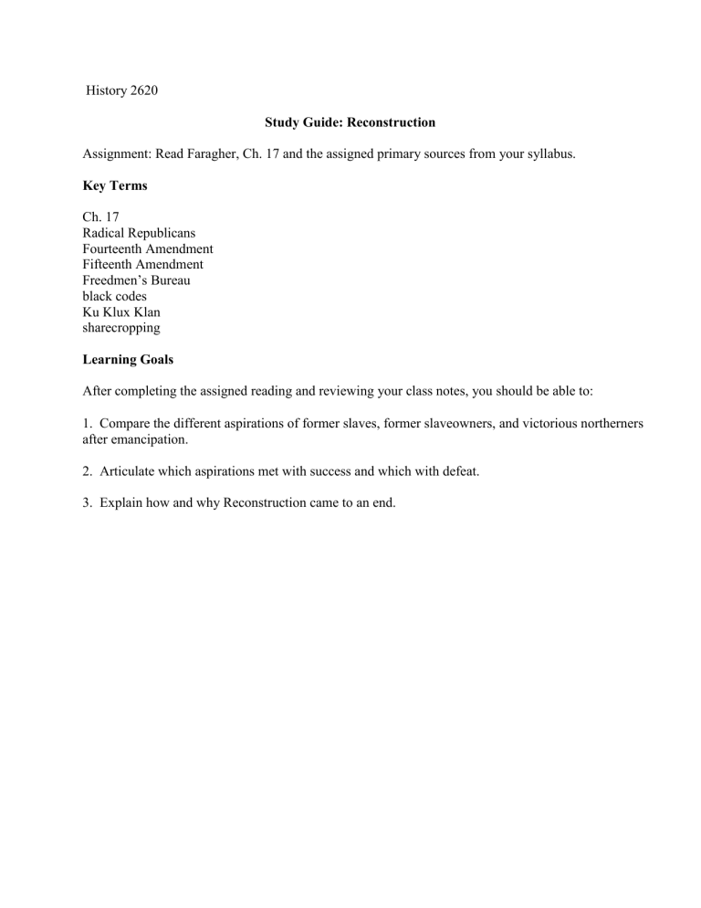 Reconstruction Study Guide: Key Terms & Learning Goals