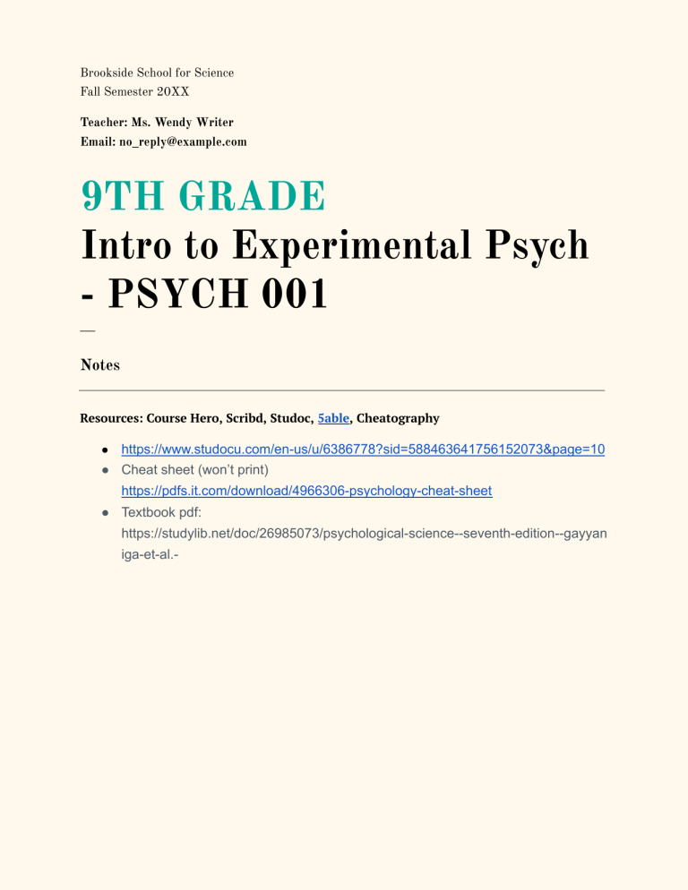 Intro to Experimental Psych Syllabus - 9th Grade