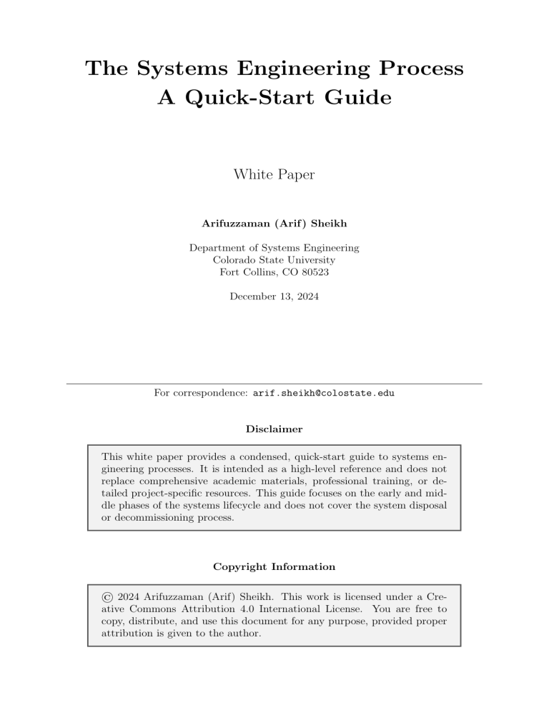 Systems Engineering Process: A Quick-Start Guide