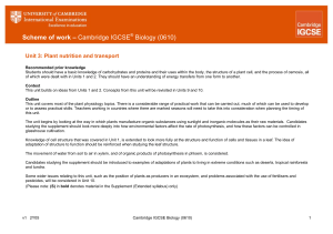 Cambridge IGCSE Biology (0610) Scheme of Work: Plant Nutrition & Transport