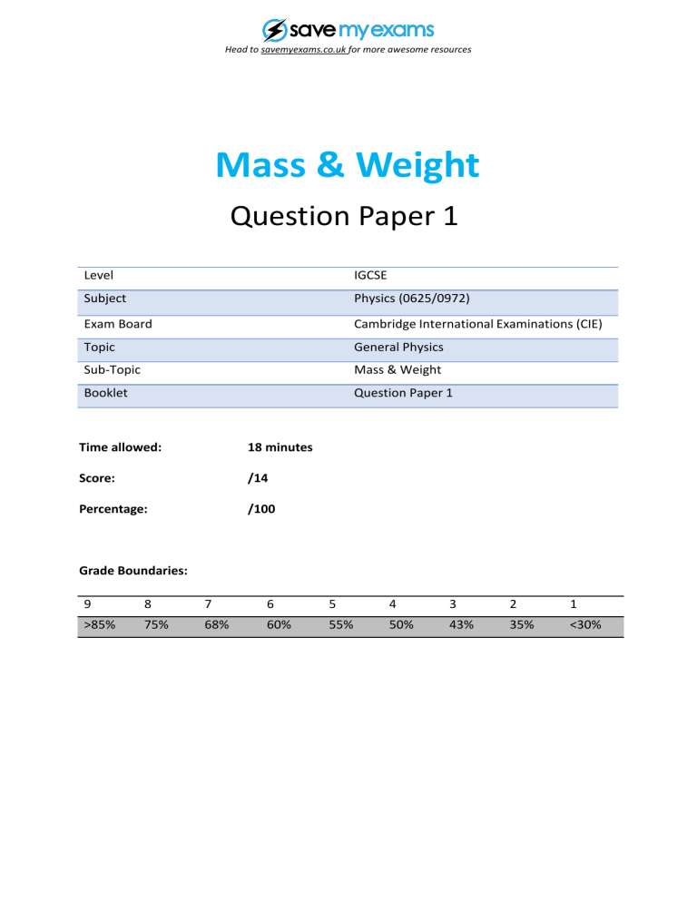 Igcse Physics Mass Weight Question Paper 1 Cie Exam Prep