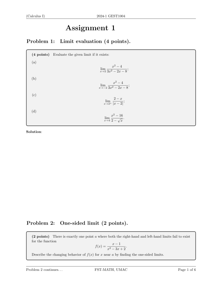 Calculus I Assignment 1: Limits, Derivatives, Rates of Change