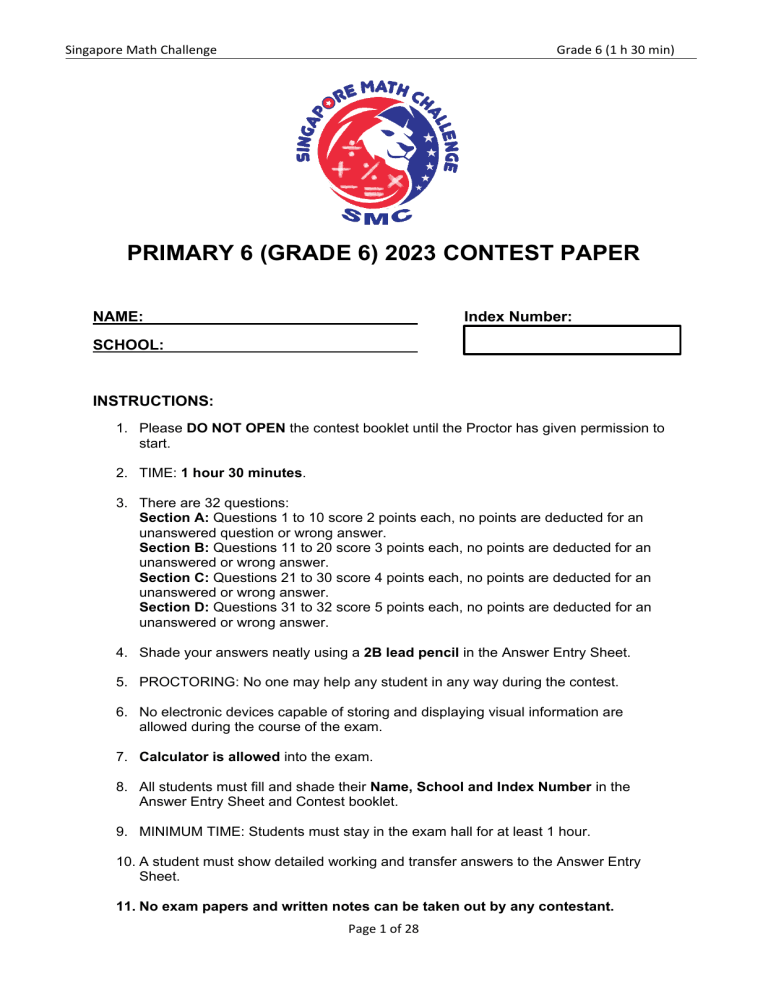 Singapore Math Challenge Grade 6 (Primary 6) 2023 Contest Paper