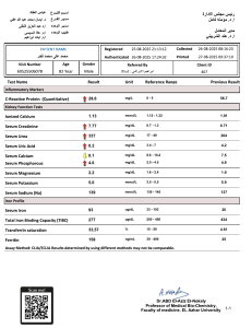 Patient Medical Lab Report: Kidney Function, Inflammatory & Iron Profile