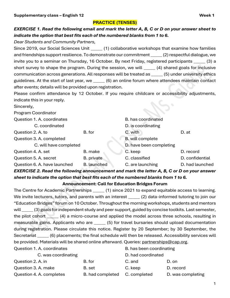 English 12 Tense Practice: Supplementary Class Material