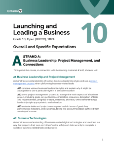 Grade 10 Business Course: Launching & Leading a Business (BEP2O) 2024
