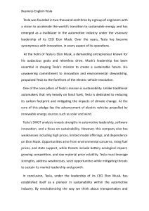Tesla: Business English Analysis, SWOT, and Sustainability Mission