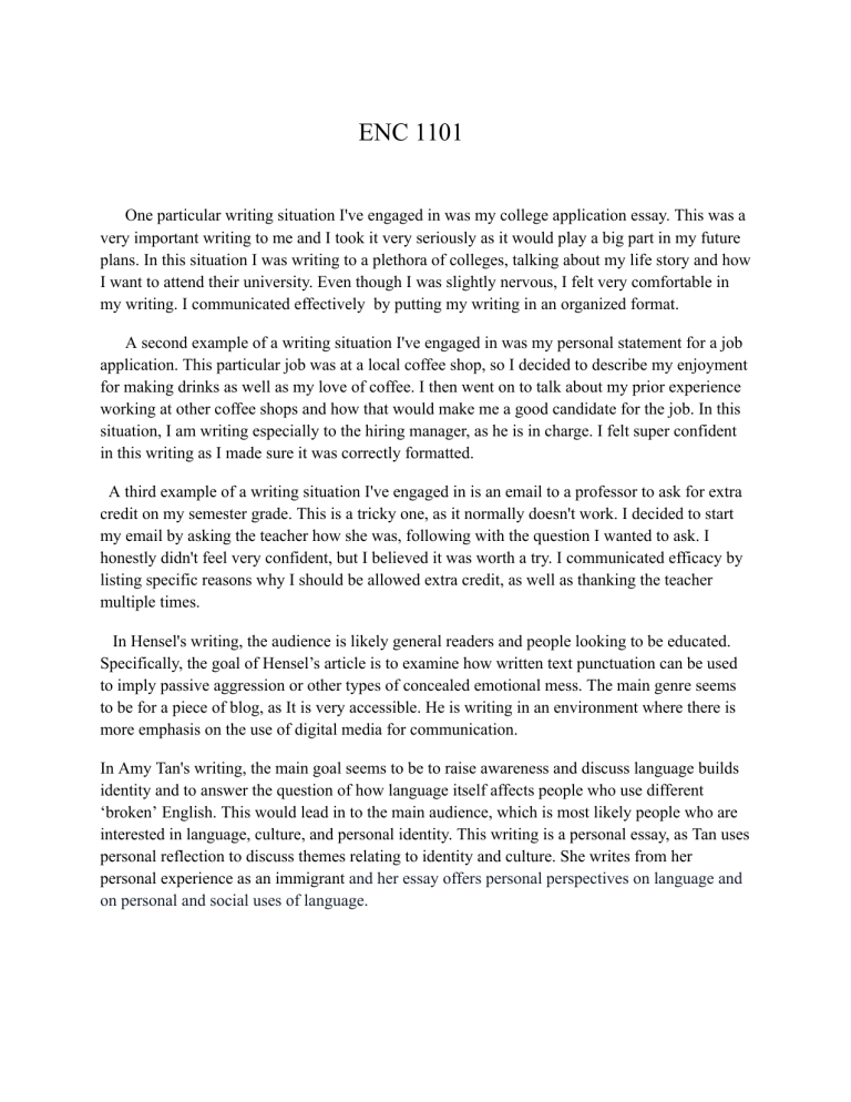 ENC 1101 Essay: Writing Experiences and Analysis