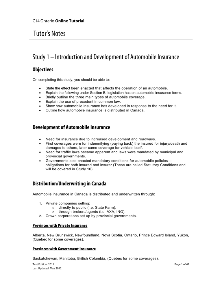 Ontario Auto Insurance Tutorial: Tutor's Notes