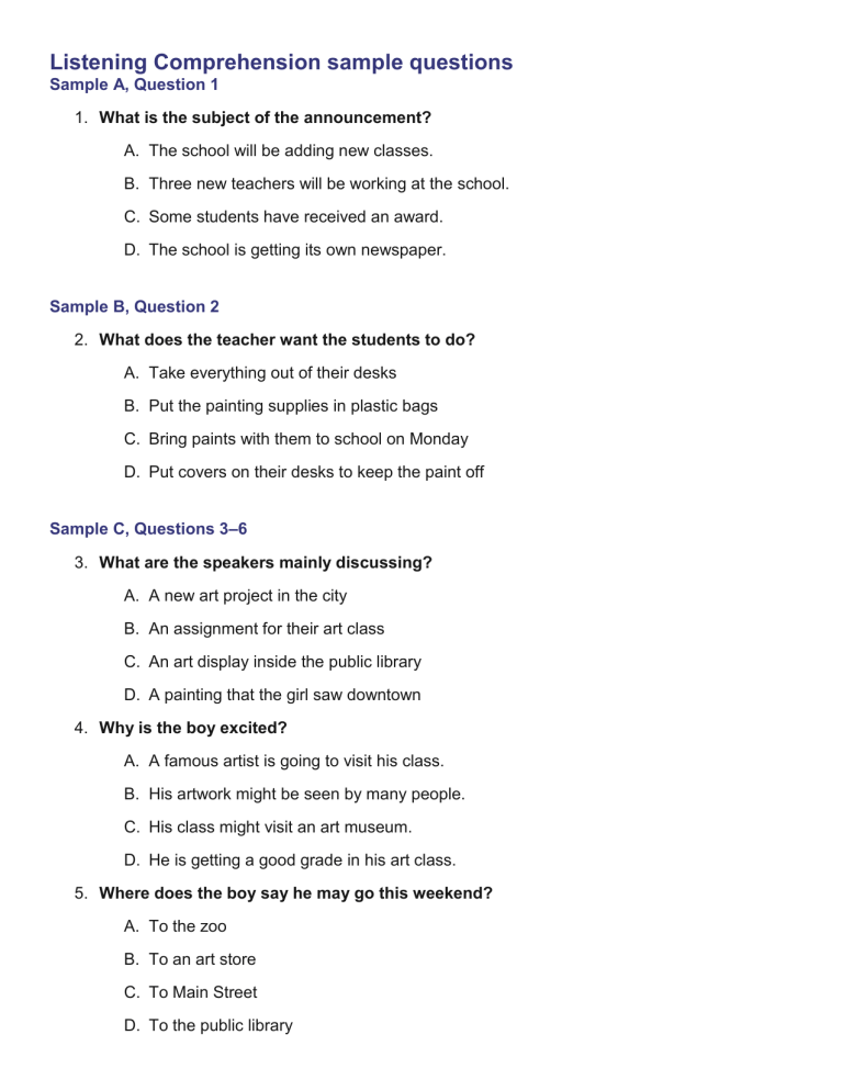 Sample Questions: Listening, Language Form, and Reading Comprehension