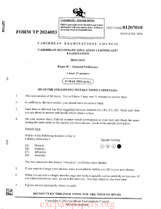 CSEC Biology Paper 01 May/June 2024 Exam