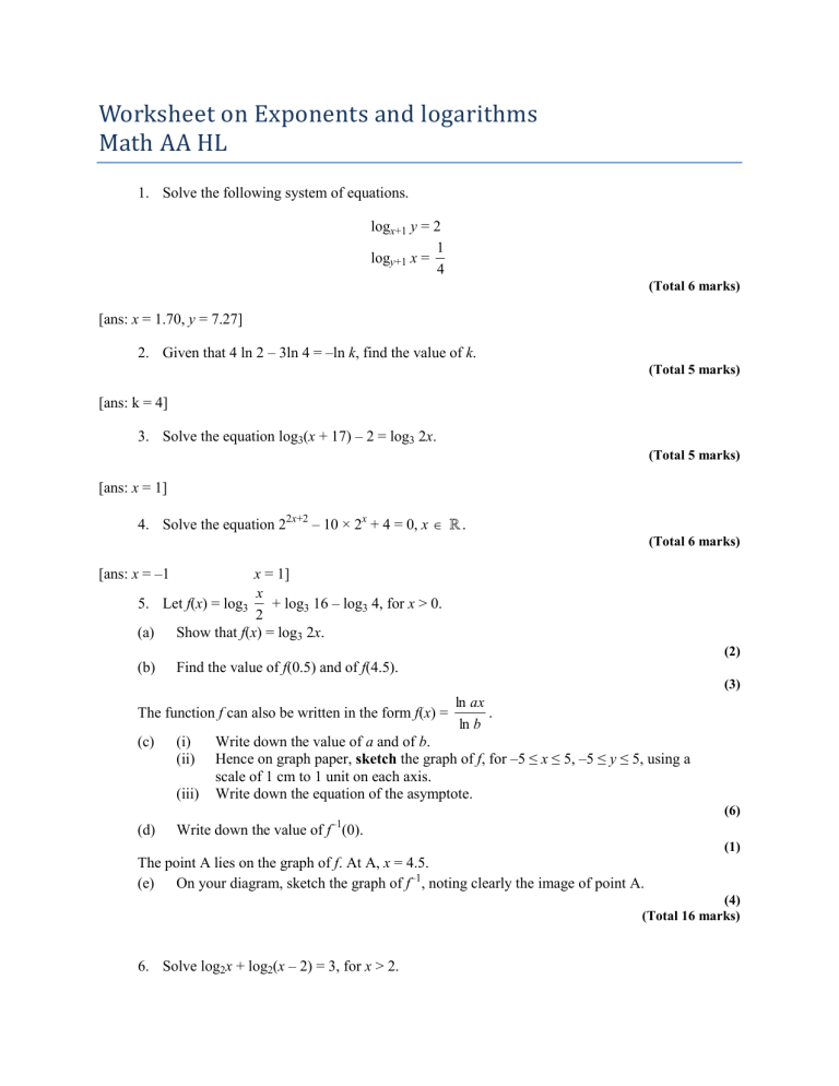 Exponents and Logarithms Worksheet - Math AA HL