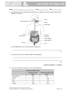 Biology End of Unit Test: Digestion & Nutrition (High School)