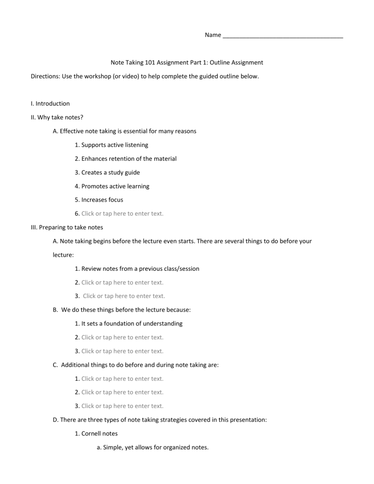 Note Taking 101 Assignment Outline Cornell Notes Practice