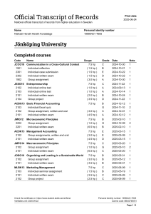 J&ouml;nk&ouml;ping University Official Transcript: Nishadi Herath Koralalage