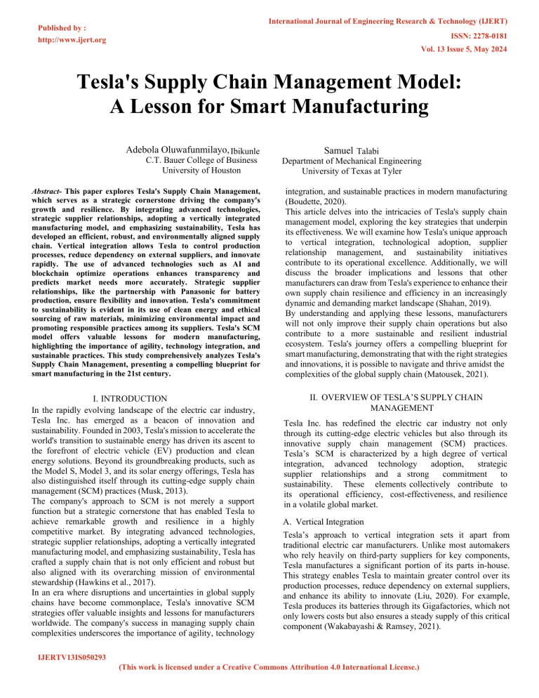 Tesla's Supply Chain Management: A Smart Manufacturing Model
