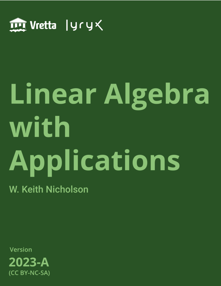 Linear Algebra with Applications | W. Keith Nicholson | Vretta-Lyryx