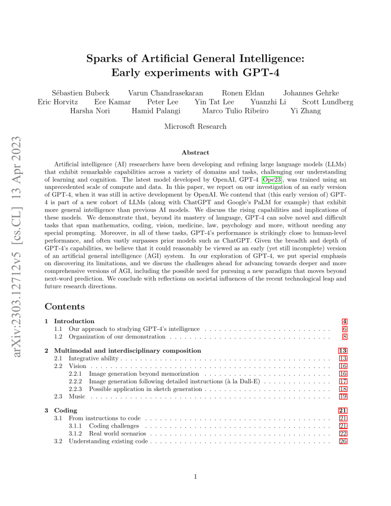 Sparks of AGI: Early GPT-4 Experiments & Capabilities | Microsoft Research