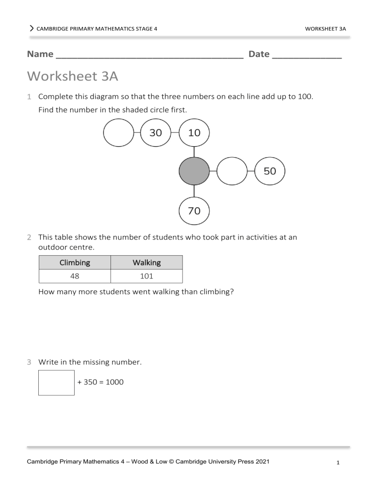Cambridge Primary Mathematics Stage 4 Worksheet 3A - Math Problems