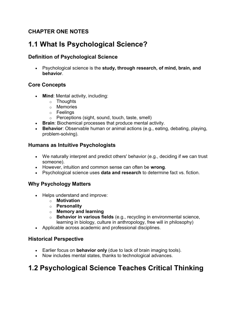 Psychology Chapter 1 Notes: Science, Thinking, and Biases