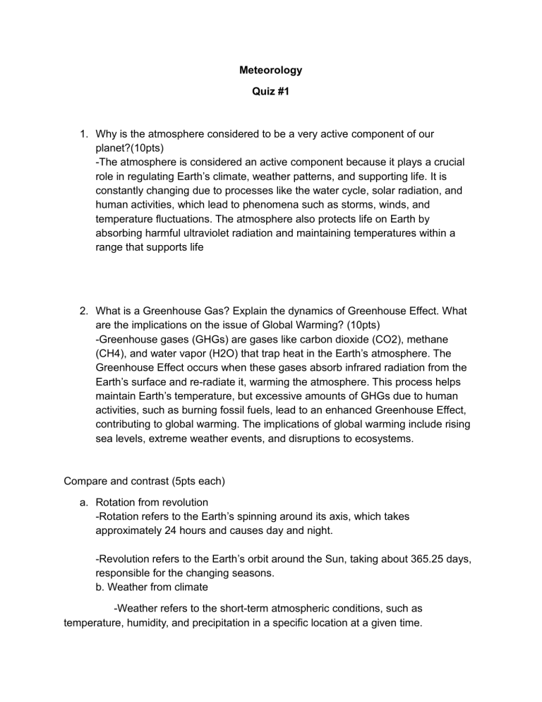 Meteorology Quiz #1: Atmosphere & Greenhouse Effect