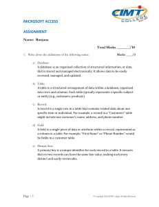Microsoft Access Assignment: Database Terms & Definitions