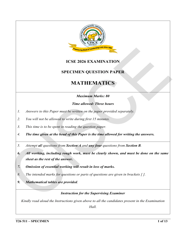 ICSE 2026 Mathematics Specimen Question Paper - Class 10 Exam Prep