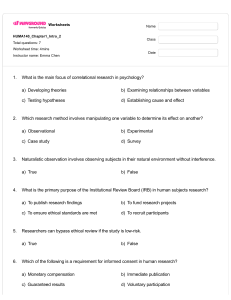 Psychology Research Methods & Ethics Worksheet | HUMA140 Quiz