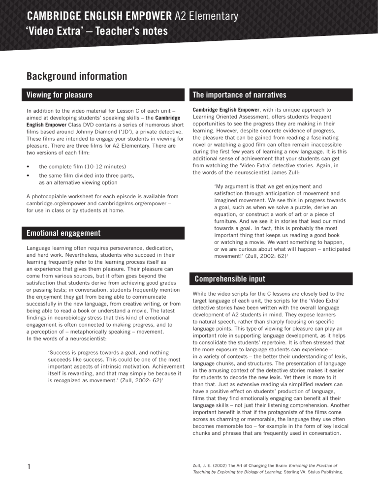 Cambridge English Empower A2 Video Extra Teacher's Notes