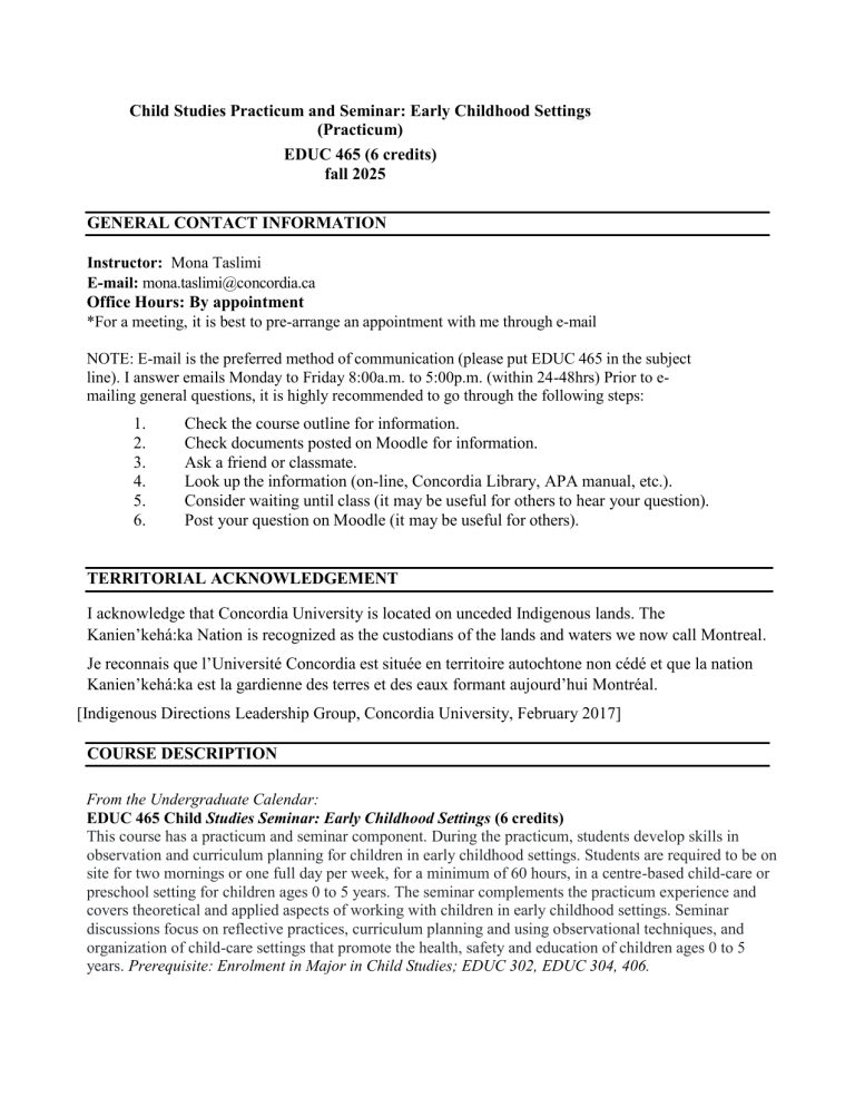 EDUC 465: Early Childhood Practicum Course Outline